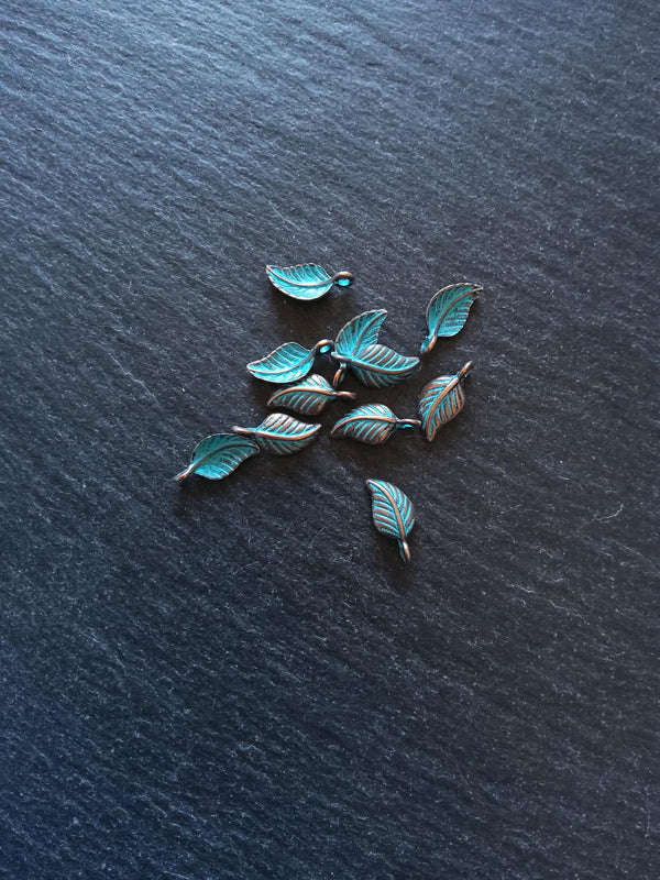 20 or 100 Antique Copper Leaf Charms with Blue Patina 15x7x3.5mm