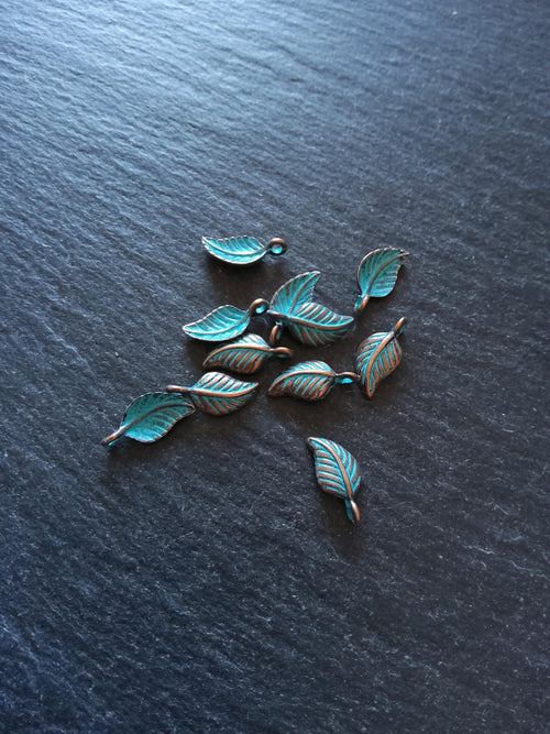 20 or 100 Antique Copper Leaf Charms with Blue Patina 15x7x3.5mm