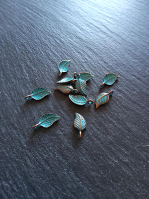 20 or 100 Antique Copper Leaf Charms with Blue Patina 15x7x3.5mm