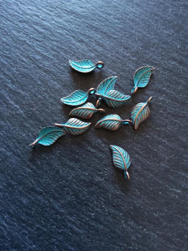 20 or 100 Antique Copper Leaf Charms with Blue Patina 15x7x3.5mm