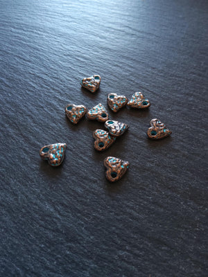 10 or 50 Antique Copper Heart Charms with Blue Patina 10x10x3mm