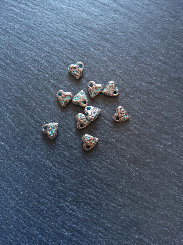 10 or 50 Antique Copper Heart Charms with Blue Patina 10x10x3mm