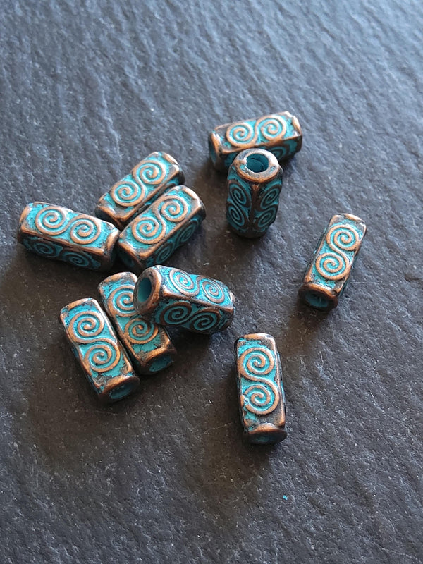 10 or 50 Antique Copper Tone 5x10.5mm Long Square Beads With Blue Patina Hole: 2.4mm