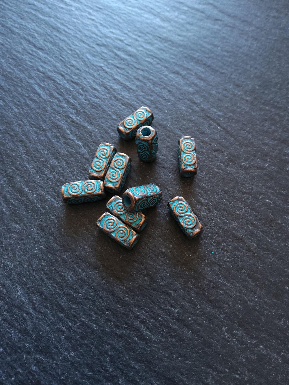 10 or 50 Antique Copper Alloy 5x10.5mm Long Square Beads With Blue Patina Hole: 2.4mm