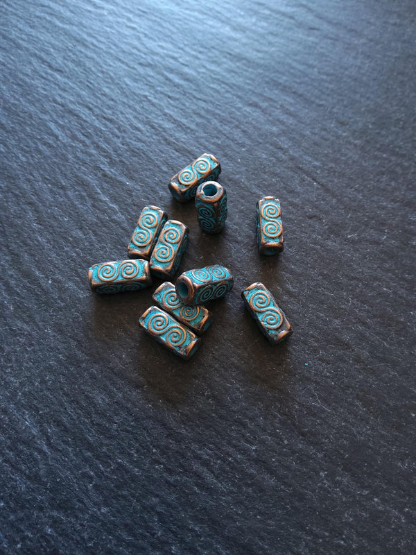 10 or 50 Antique Copper Tone 5x10.5mm Long Square Beads With Blue Patina Hole: 2.4mm