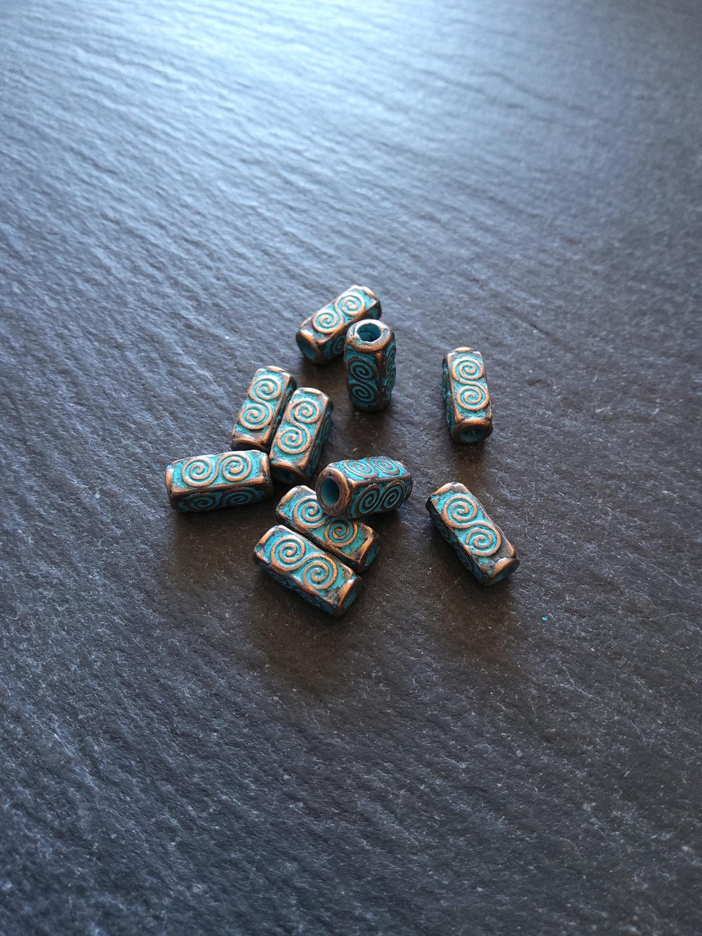 10 or 50 Antique Copper Tone 5x10.5mm Long Square Beads With Blue Patina Hole: 2.4mm