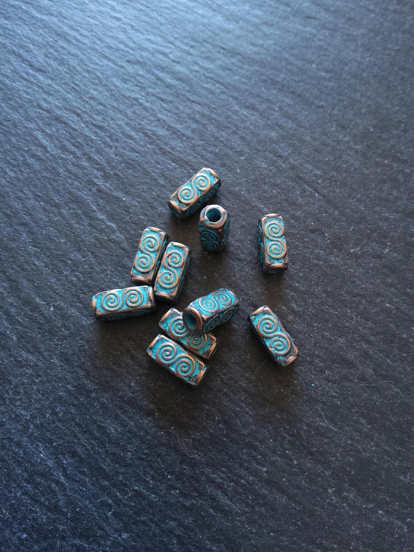 10 or 50 Antique Copper Tone 5x10.5mm Long Square Beads With Blue Patina Hole: 2.4mm