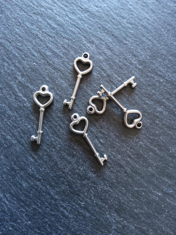 2 or 10 Stainless Steel Little Heart Key Charms 25x9x2mm Hole: 1.4mm