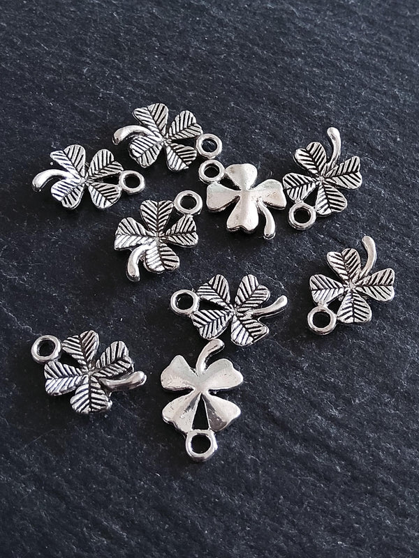 20 or 100 Four Leaf Clover Charms Antique Silver Tone 11x15x2mm