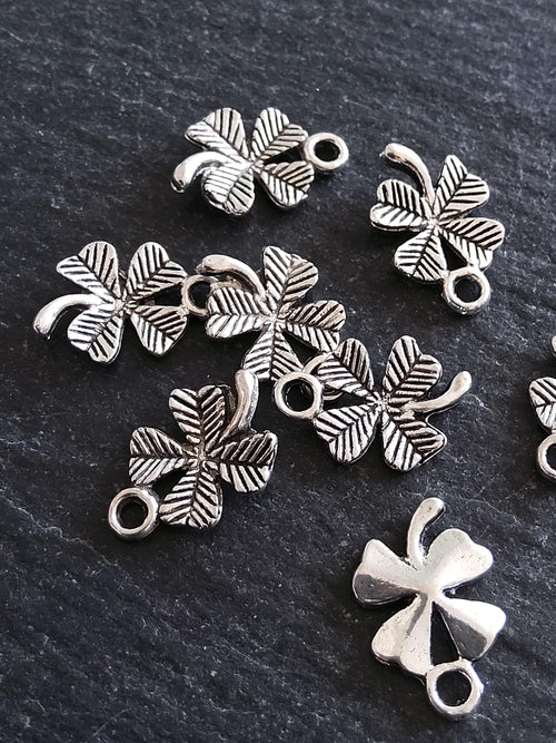 20 or 100 Four Leaf Clover Charms Antique Silver Tone 11x15x2mm