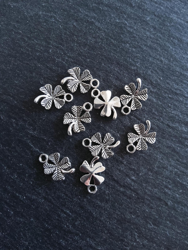 20 or 100 Four Leaf Clover Charms Antique Silver Tone 11x15x2mm