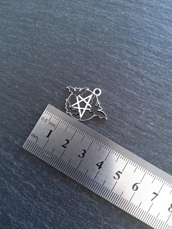 4 or 20 Flying Bat & Pentagram Charms Black Enamel on Silver Alloy 27x22mm