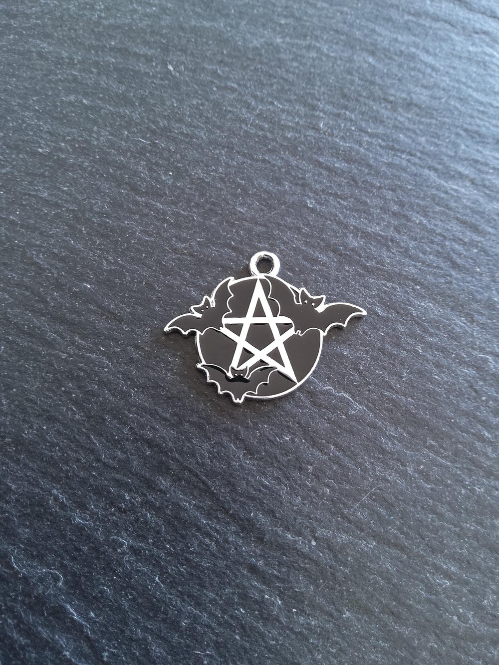 4 or 20 Flying Bat & Pentagram Charms Black Enamel on Silver Alloy 27x22mm