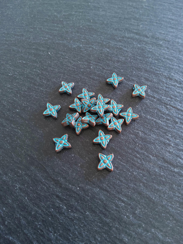 20 or 100 Star Flower Beads Antique Copper with Blue Patina 7x6x2.5mm Hole: 0.8mm