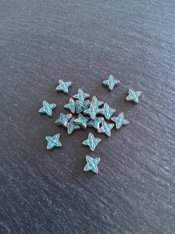 20 or 100 Star Flower Beads Antique Copper with Blue Patina 7x6x2.5mm Hole: 0.8mm