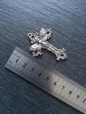 4 or 20 Antique Silver Tone Moth Skull Crucifix Pendants 51x37mm
