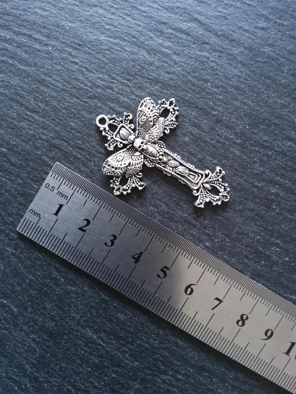 4 or 20 Antique Silver Tone Moth Skull Crucifix Pendants 51x37mm