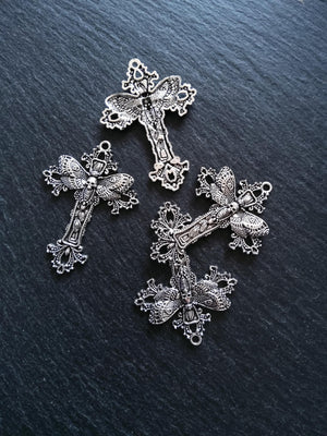 4 or 20 Antique Silver Tone Moth Skull Crucifix Pendants 51x37mm