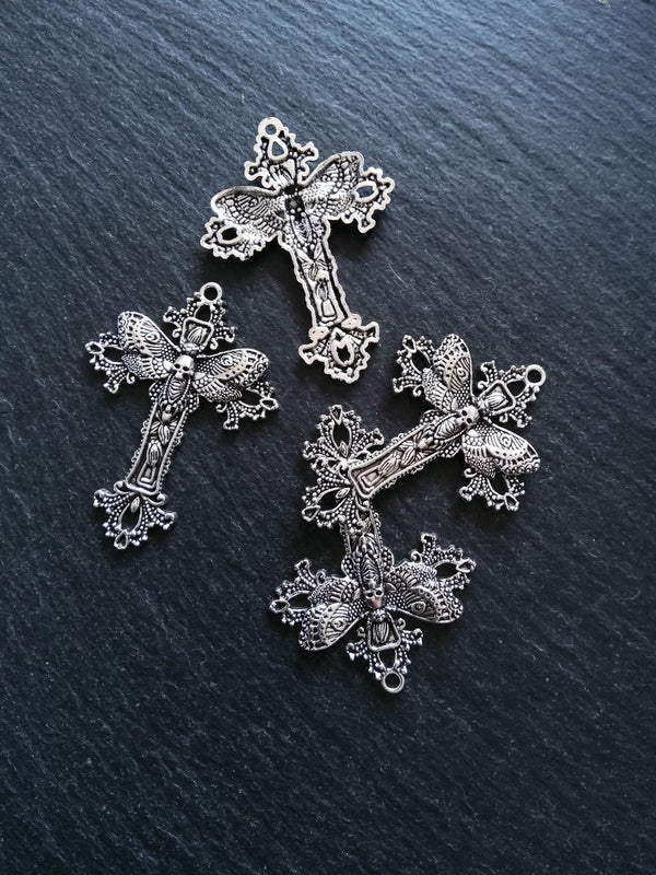 4 or 20 Antique Silver Tone Moth Skull Crucifix Pendants 51x37mm