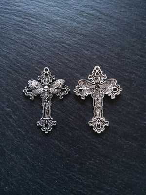 4 or 20 Antique Silver Tone Moth Skull Crucifix Pendants 51x37mm