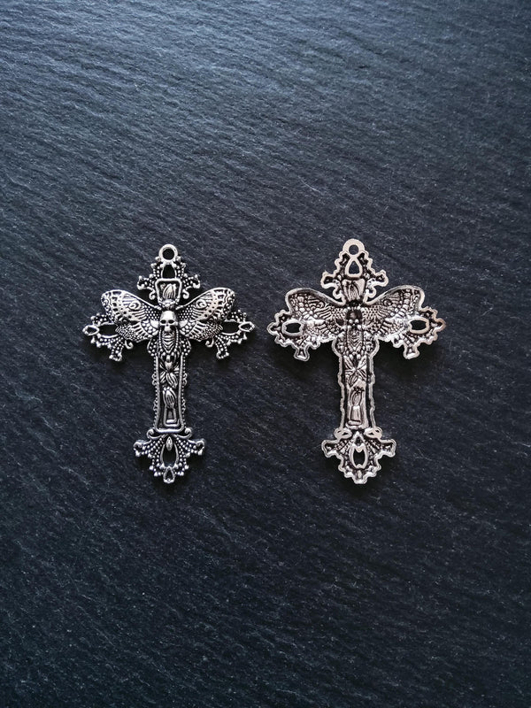 4 or 20 Antique Silver Tone Moth Skull Crucifix Pendants 51x37mm