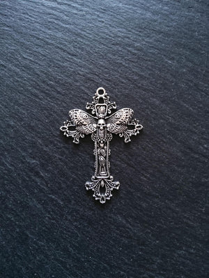 4 or 20 Antique Silver Tone Moth Skull Crucifix Pendants 51x37mm