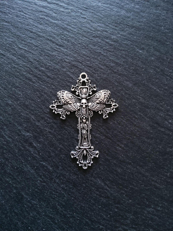 4 or 20 Antique Silver Tone Moth Skull Crucifix Pendants 51x37mm