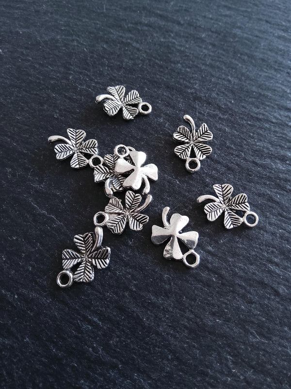 20 or 100 Four Leaf Clover Charms Antique Silver Tone 11x15x2mm