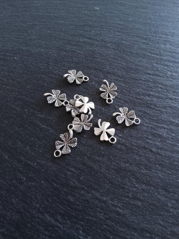 20 or 100 Four Leaf Clover Charms Antique Silver Tone 11x15x2mm