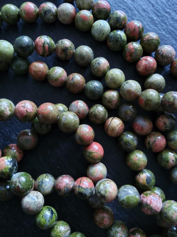 8.6mm Unakite Natural Undyed Green & Pink Round Polished Gemstone Beads Full 15 inch Strand Hole: 1mm