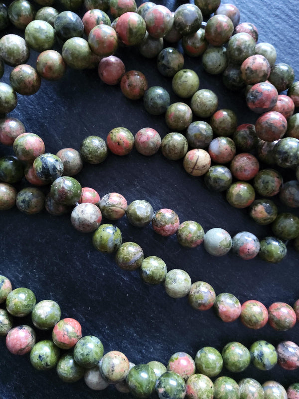 8.6mm Unakite Natural Undyed Green & Pink Round Polished Gemstone Beads Full 15 inch Strand Hole: 1mm