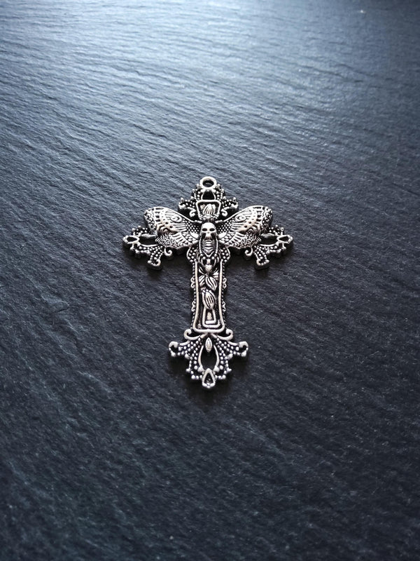 4 or 20 Antique Silver Tone Moth Skull Crucifix Pendants 51x37mm