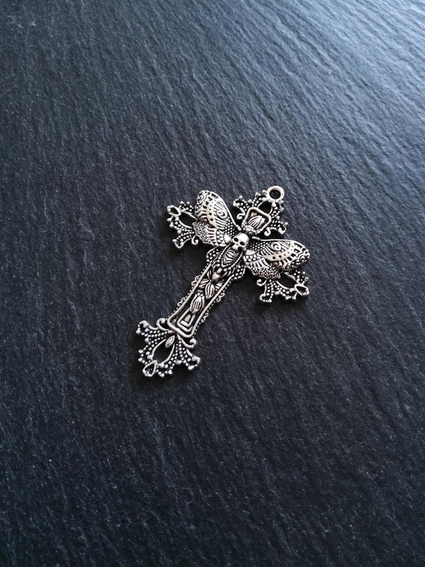 4 or 20 Antique Silver Tone Moth Skull Crucifix Pendants 51x37mm