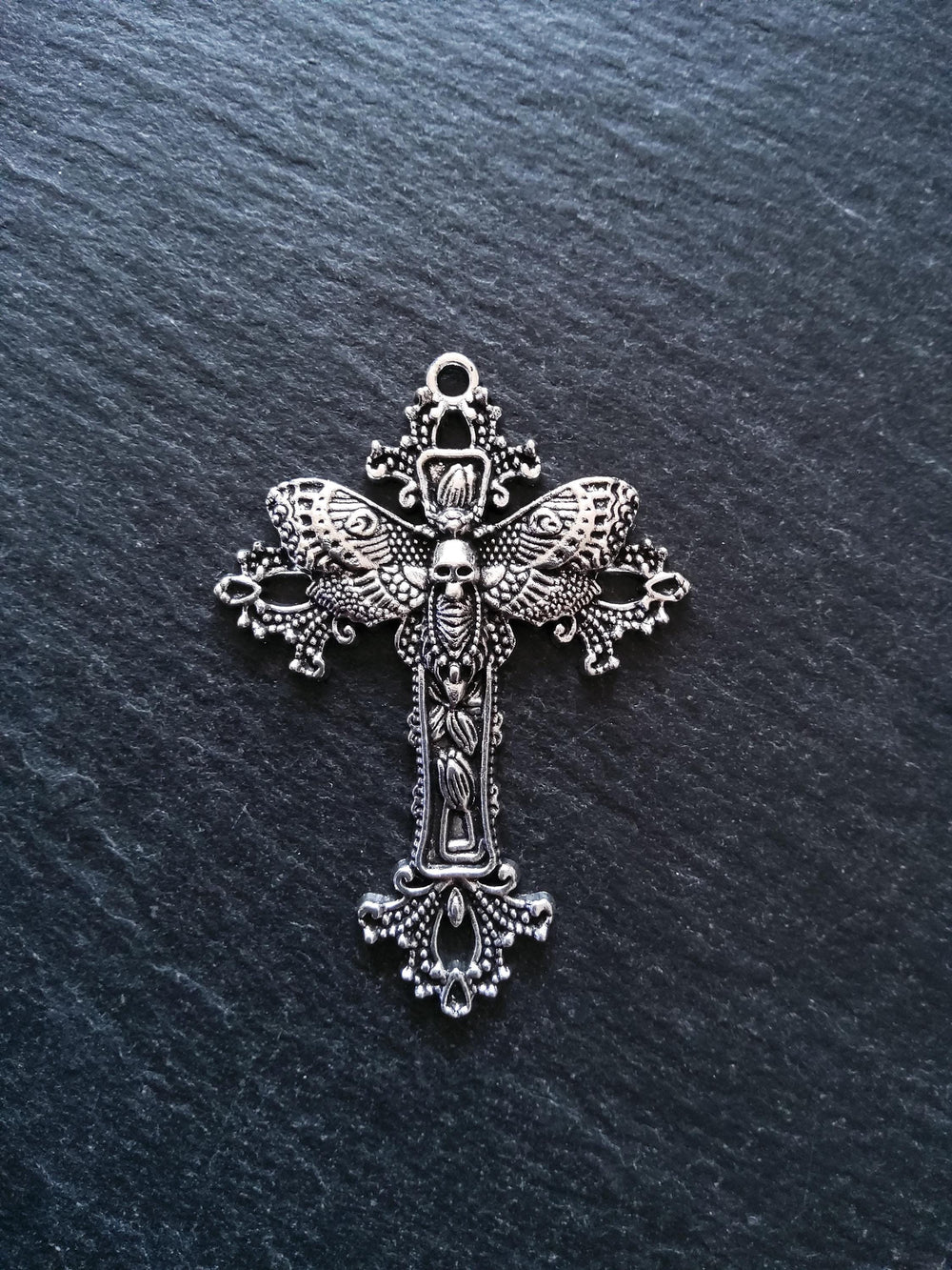 4 or 20 Antique Silver Tone Moth Skull Crucifix Pendants 51x37mm