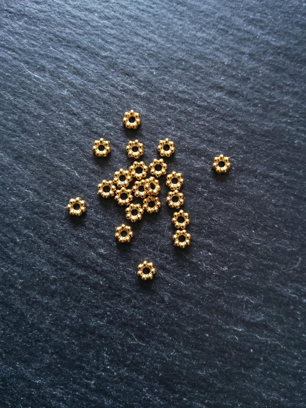 10 Genuine 18K Gold Ion Plated 4mm Stainless Steel Daisy Spacer Beads 4x1.5mm Hole: 1.4mm