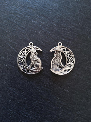 4 or 20 Howling Wolf & Celtic Moon Antique Silver Tone Alloy Charms 34x26mm