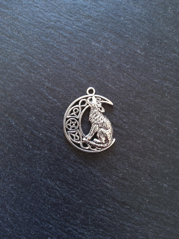 4 or 20 Howling Wolf & Celtic Moon Antique Silver Tone Alloy Charms 34x26mm