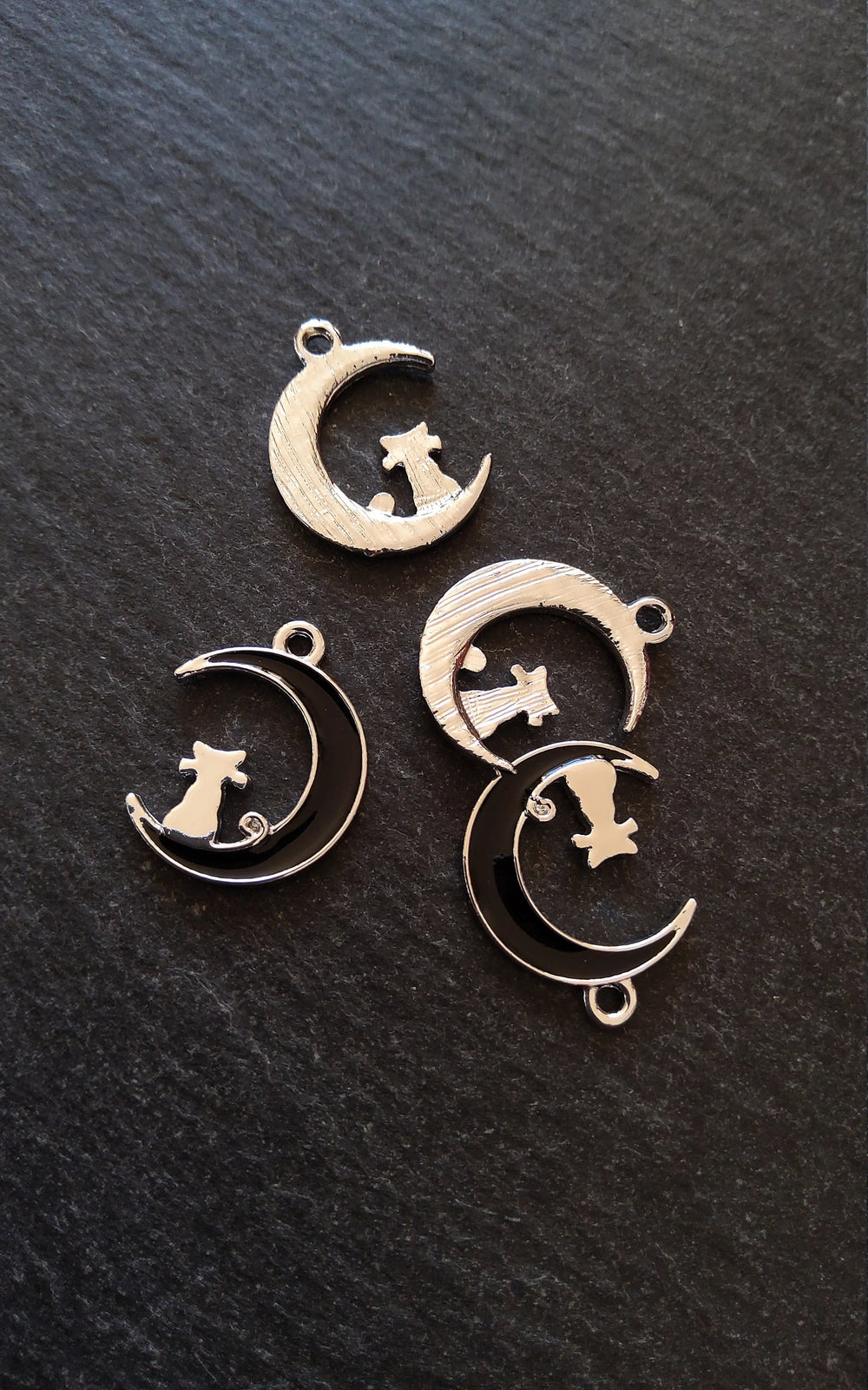 6 or 30 Cat & Crescent Moon Charms Silver Tone Alloy with Black Enamel 20x16mm - ContentedCatz