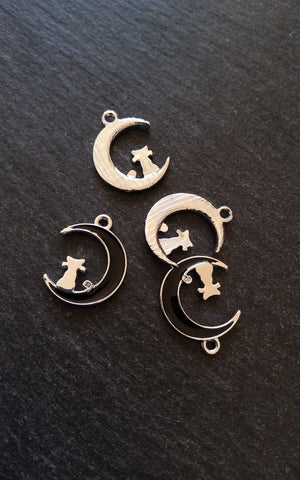 6 or 30 Cat & Crescent Moon Charms Silver Tone Alloy with Black Enamel 20x16mm - ContentedCatz