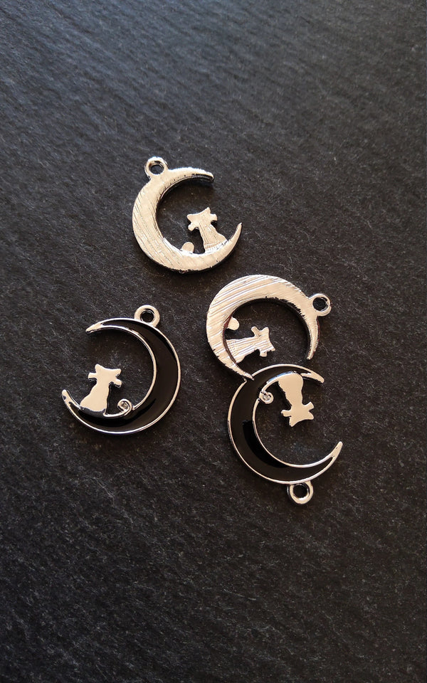 6 or 30 Cat & Crescent Moon Charms Silver Tone Alloy with Black Enamel 20x16mm - ContentedCatz