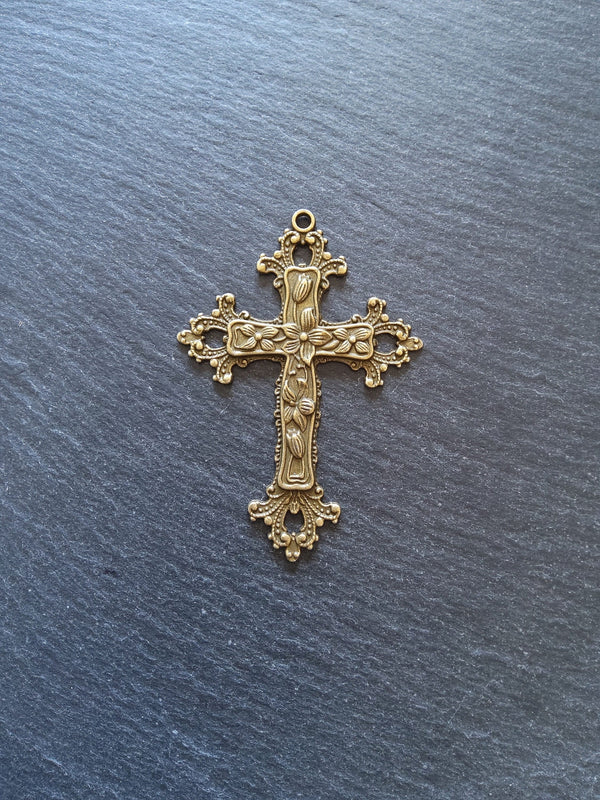 2 or 10 Large Antique Bronze Tone Crucifix Pendants Victorian Flower Pattern 74x53mm Nickel FREE