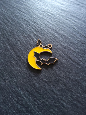 2 or 10 Bat and Moon Pendant Charms Light Gold Tone Alloy with Yellow & Black Enamel 25x24mm
