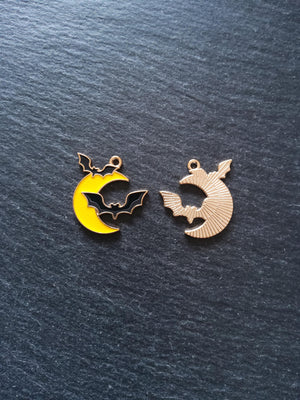 2 or 10 Bat and Moon Pendant Charms Light Gold Tone Alloy with Yellow & Black Enamel 25x24mm