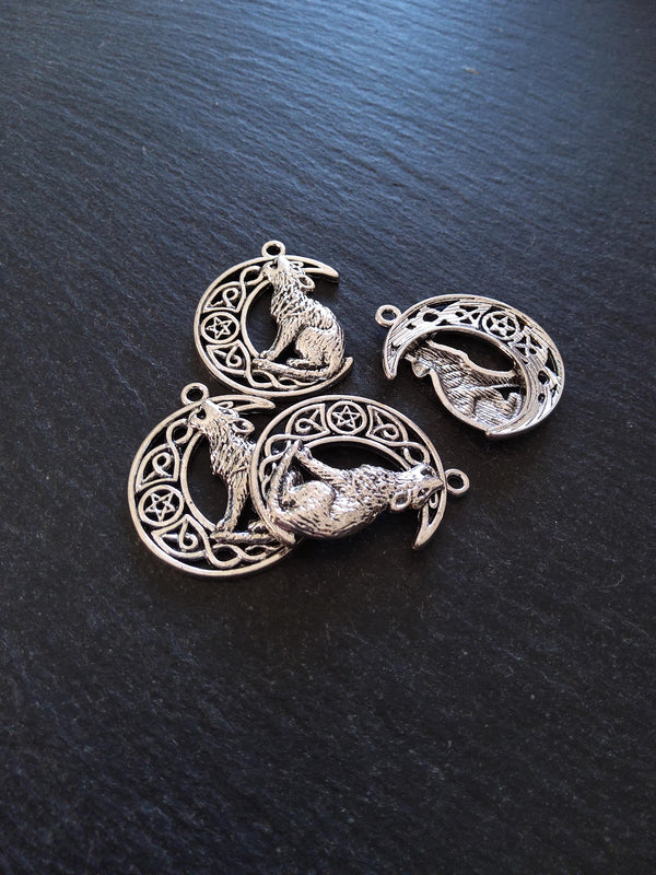 4 or 20 Howling Wolf & Celtic Moon Antique Silver Tone Alloy Charms 34x26mm
