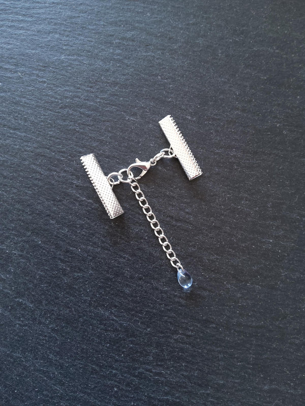 Silver Plated Crimp End Sets for Ribbon (various sizes) with Clear Blue Glass Drop Extender