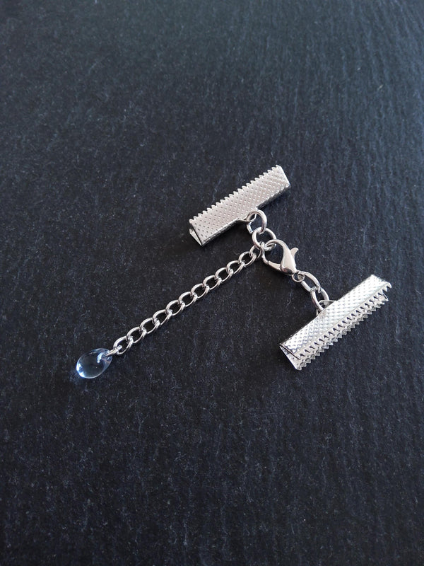 Silver Plated Crimp End Sets for Ribbon (various sizes) with Clear Blue Glass Drop Extender