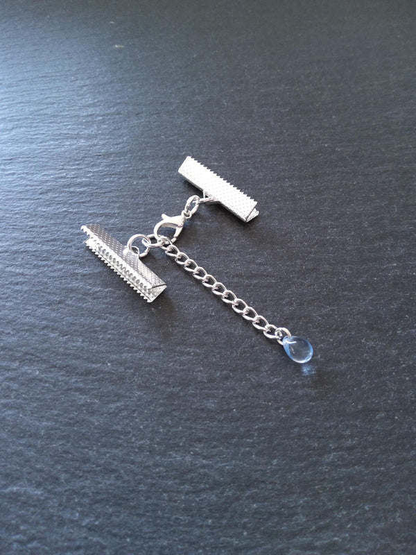 Silver Plated Crimp End Sets for Ribbon (various sizes) with Clear Blue Glass Drop Extender