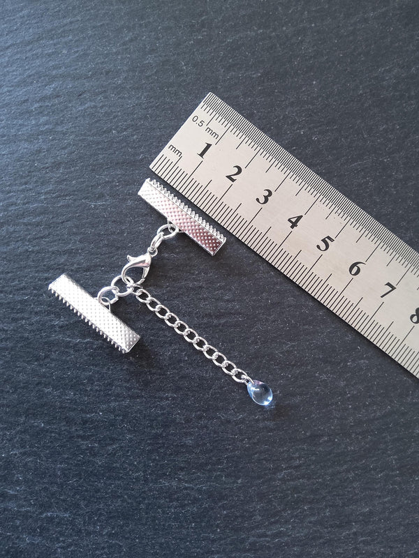 Silver Plated Crimp End Sets for Ribbon (various sizes) with Clear Blue Glass Drop Extender