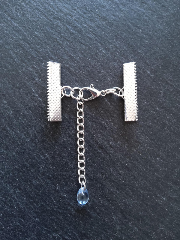 Silver Plated Crimp End Sets for Ribbon (various sizes) with Clear Blue Glass Drop Extender