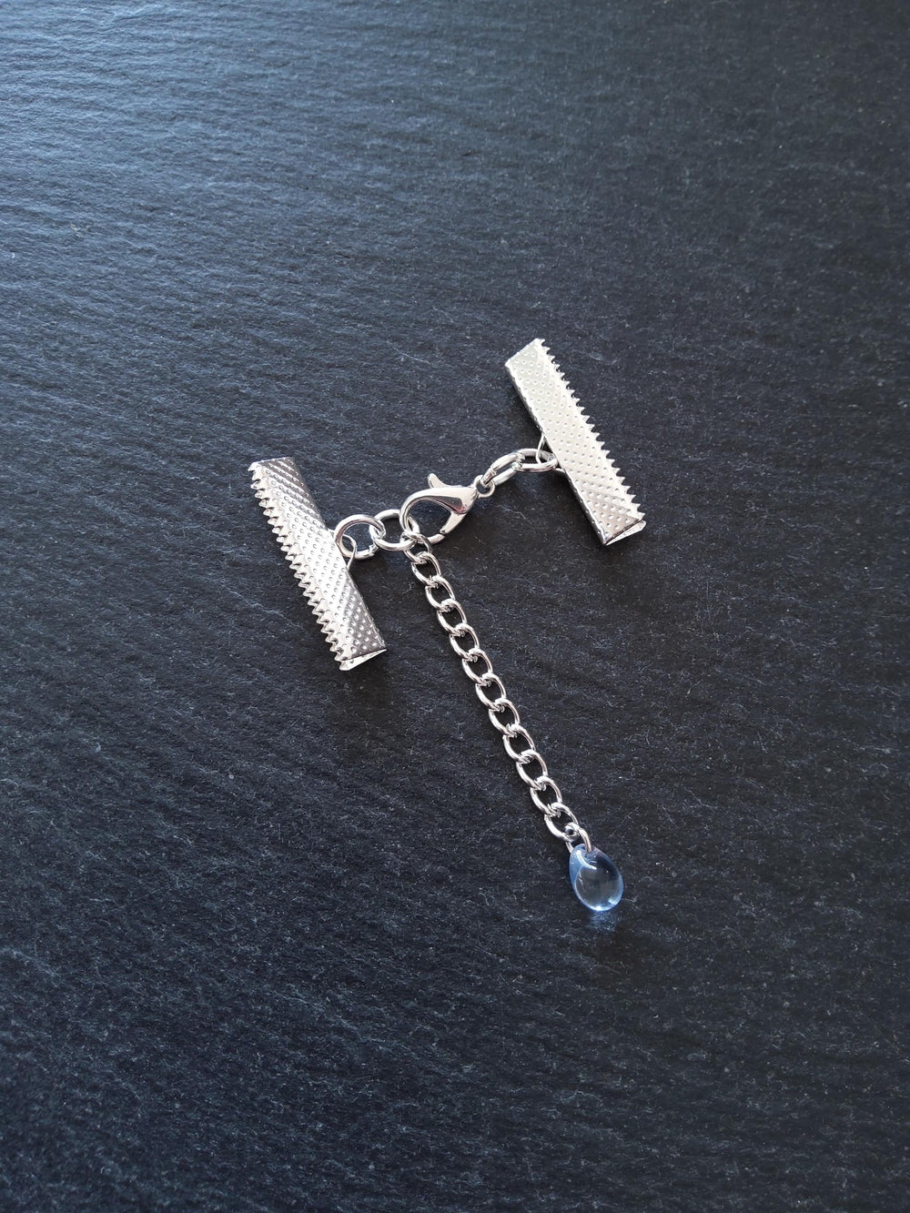 Silver Plated Crimp End Sets for Ribbon (various sizes) with Clear Blue Glass Drop Extender
